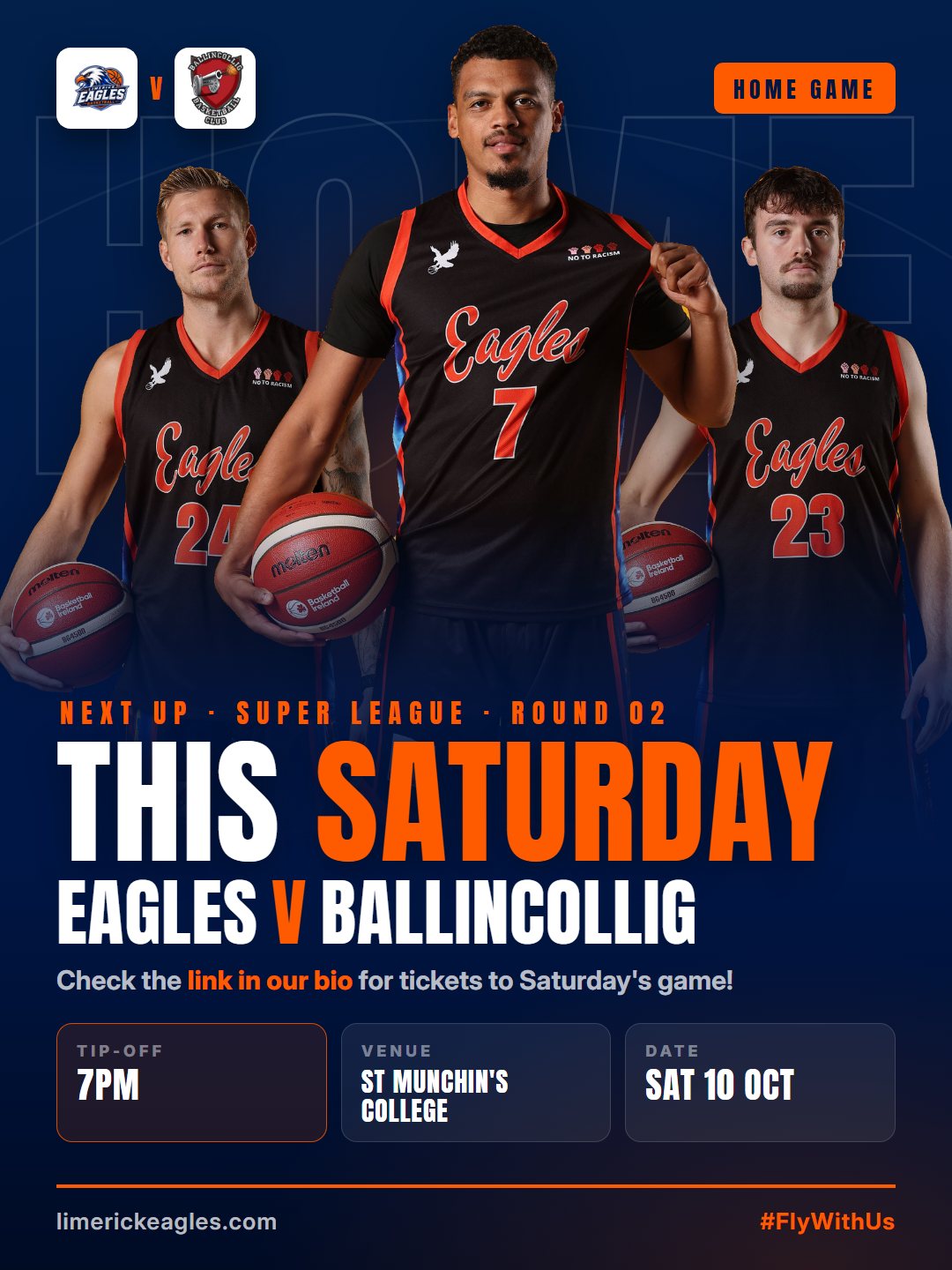 Game graphic: This Saturday, Eagles v Ballincollig, 7pm, St Munchin's College, Saturday 10 October, with Ryan Leonard, Alex Carlisle and Toby Christensen